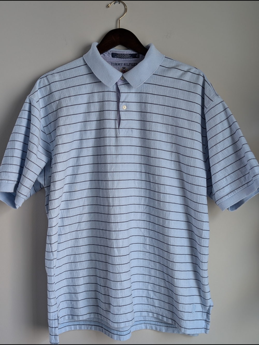 Vintage Tommy Hilfiger Polo Shirt Mens XL Blue Textured Striped Knit Crest 90s